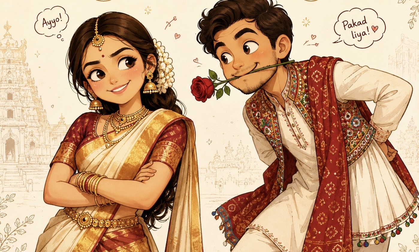 Sneha and Dhanvin illustrated in traditional wedding outfits, with Dhanvin holding a red rose.